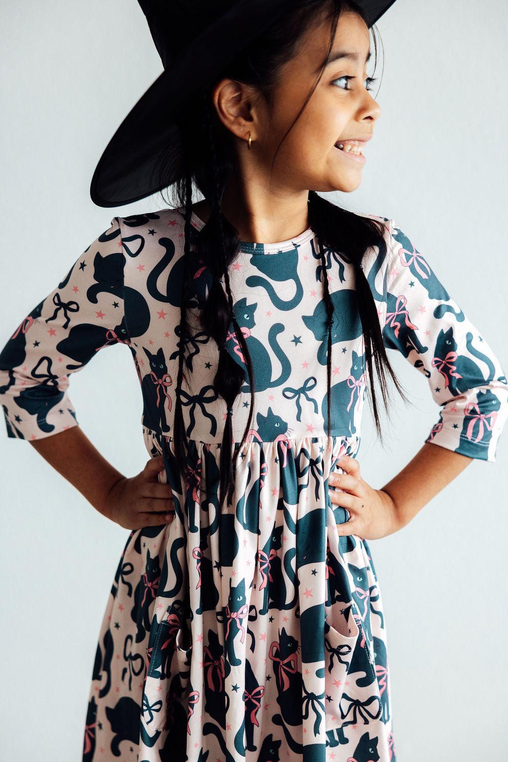 Hocus Purr-cus 3/4 Sleeve Pocket Twirl Dress